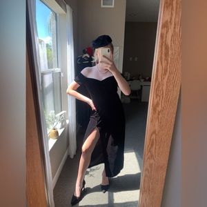 Vintage Marnie West, Black Velvet, High Slit, Off Shoulder, Maxi Dress, 11
